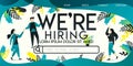 We`re hiring vector illustration concept, man who is helping a woman ride on a job search engine with we`re hiring word , can us