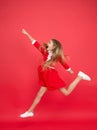 Reach heights. Feel freedom. childrens day. Childhood happiness. Small girl child long hair jumping. Happy life. Full of Royalty Free Stock Photo