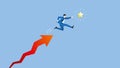 A businessman jumps from a rising arrow to grab a star