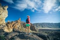 Reached life goal, girl looking at inspirational landscape