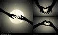 Set of romantic vector illustration with hand gesture silhouettes on moonlit night Royalty Free Stock Photo