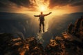 Reaching life goals man jumps over chasm, bathed in sunrises glow Royalty Free Stock Photo