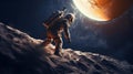 Reaching for the moon / 3D illustration of an astronaut reaching for the glowing moon Royalty Free Stock Photo