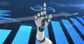 Reaching robotic hand interacting with virtual data display with bar charts arrow line graph Royalty Free Stock Photo