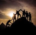 Reaching for Success: Silhouettes of Teamwork Leaders in Mountainous Vistas Style .