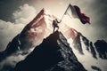 Reaching your goals concept, mountain climber with flag on top of mountain. Generative AI Royalty Free Stock Photo