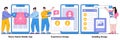 React native mobile app, experience design, usability testing concept with tiny people. Mobile app development process abstract