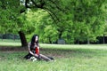 Read a book sitting under a blossom tree Royalty Free Stock Photo