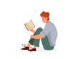 Read book vector illustration. Boy reading books in comfortable pose hugging his knees. Student male study knowledge Royalty Free Stock Photo