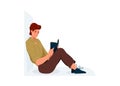 Read book vector illustration. Boy reading books in comfortable pose leaning on the wall. Student male study knowledge Royalty Free Stock Photo