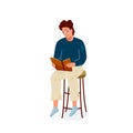 Read book vector illustration. Boy reading books in comfortable pose sitting on the chair. Student male study knowledge Royalty Free Stock Photo