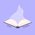 Read books. Imagination concept - open book on the blue background. Books and magic Royalty Free Stock Photo