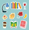 Read books stickers collage. Bookshelf, book pile, love reading handwritten phrase Royalty Free Stock Photo