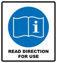 Read direction for use icon. Refer to instruction manual booklet mandatory sign, General mandatory action sign. Vector illustratio