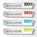 Read more buttons with arrow pointer. Black, blue, red and green labels. Stickers with shadow on transparent background for busine Royalty Free Stock Photo