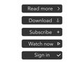 Read more, download, watch now, subscribe and sign in buttons in flat design in black color. Simple website navigation