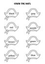 Read names of colors and color pirate hats. Educational worksheet.