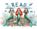 Read poster with mermaids reading in a library Royalty Free Stock Photo