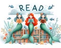 Read poster with mermaids reading in a library