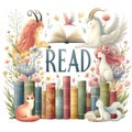 READ poster with pets and mythical creatures and a spring theme Royalty Free Stock Photo