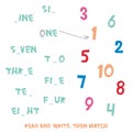 Read and write. Then match. Figures 1 to 10 Kids words learning game, worksheets with simple colorful graphics and fill the blanks