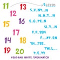 Read and Write. Then Match the numbers 11 to 20. Kids words learning game, worksheets with simple colorful graphics. children educ