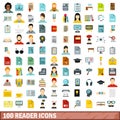 100 reader icons set, flat style
