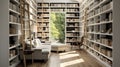 The Reader\'s Retreat - Reading place with wooden floor, bookshelves, white wall. Generative AI