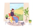 Reader at window. Woman relax sitting on comfortably armchair and reading interesting fantasy book, home leisure with