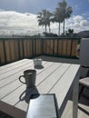 Reading on the balcony with the palm tree view, book reading, kindle paperwhite 5 and morning coffe