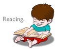 Reading. Barefoot boy holding a big book in his arms. Child is sitting learning to read. Little kid with brown hair, shorts, lying