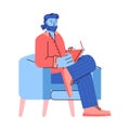 Reading bearded man sitting in chair with book, vector illustration isolated. Royalty Free Stock Photo