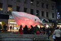 Glowing whale, Big Blue, in the city centre of Reading in England, UK in December 2018,