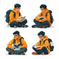 Reading bespectacled boy orange jacket sitting lotus pose character, books stack with backpack cartoon style vector