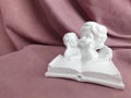 Reading a big book, a white figurine of angels in close-up Royalty Free Stock Photo