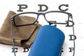 Reading black eyeglasses, brown microfiber cleaning cloth and blue protective case on white eye chart