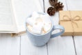 reading a book with a cup of hot chocolate and marshmallows. cozy Royalty Free Stock Photo