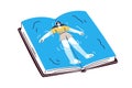 Reading book, fiction literature. Bookworm, reader swimming in fantasy water on pages. Imagination concept. Tiny