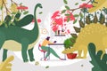 Reading book about nature wildlife, girl imagine vector illustration. Young woman character sitting at table, dinosaur