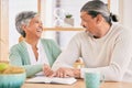 Reading, book and senior couple at home with bible study and religion together in marriage. Laughing, happy and elderly Royalty Free Stock Photo