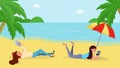 Reading books on beach flat vector illustration. Young girls, tourists enjoying interesting novels during summertime