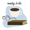 Reading books and coffee, study and literature, education, knowledge flat cartoon vector illustration. Glasses, cup of
