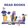 Reading books concept, stylish vector. Girl and man reading a books. Stay home coronavirus concept