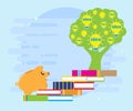 Reading books enriches ideas. Pig piggybank runs on the books to the tree of ideas. Business concept. Flat style