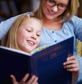 Reading, books and mother with girl in library with smile, help learning and relax with study knowledge. Storytelling Royalty Free Stock Photo