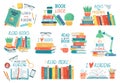 Reading books. Stack of library books with hand drawn lettering, open or closed textbooks, reading concept vector