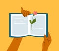 Reading books vector illustration with human hands holding open book with flower bookmark