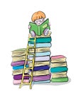 Reading boy on books, vector clip-art, concept of knowledge and education for children Royalty Free Stock Photo