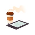 Reading breaking news, digital newspapers during drinking morning coffee. Paper cup of hot beverage. Tablet with