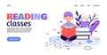 Reading classes banner with little child, sketch cartoon vector illustration.